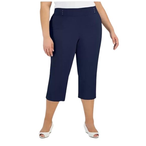 JM Collection Plus Size Tummy Control Pull-On Rivet Capri Pants Intrepid Blue 0X - Picture 1 of 6